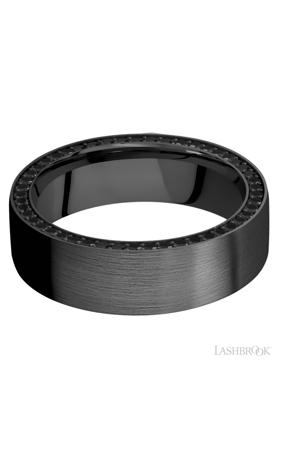 7 mm wide/Flat/Zirconium band with a Side Eternity arrangement of .01 carat Round Black Diamond stones in a Bead setting img3