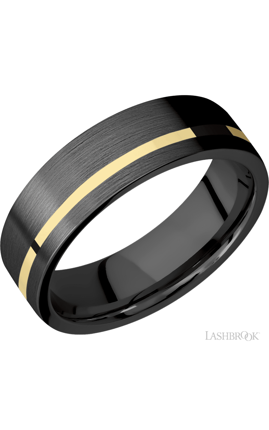 7 mm wide/Flat/Zirconium band with one 1 mm Off Center inlay of 14K Yellow Gold img1