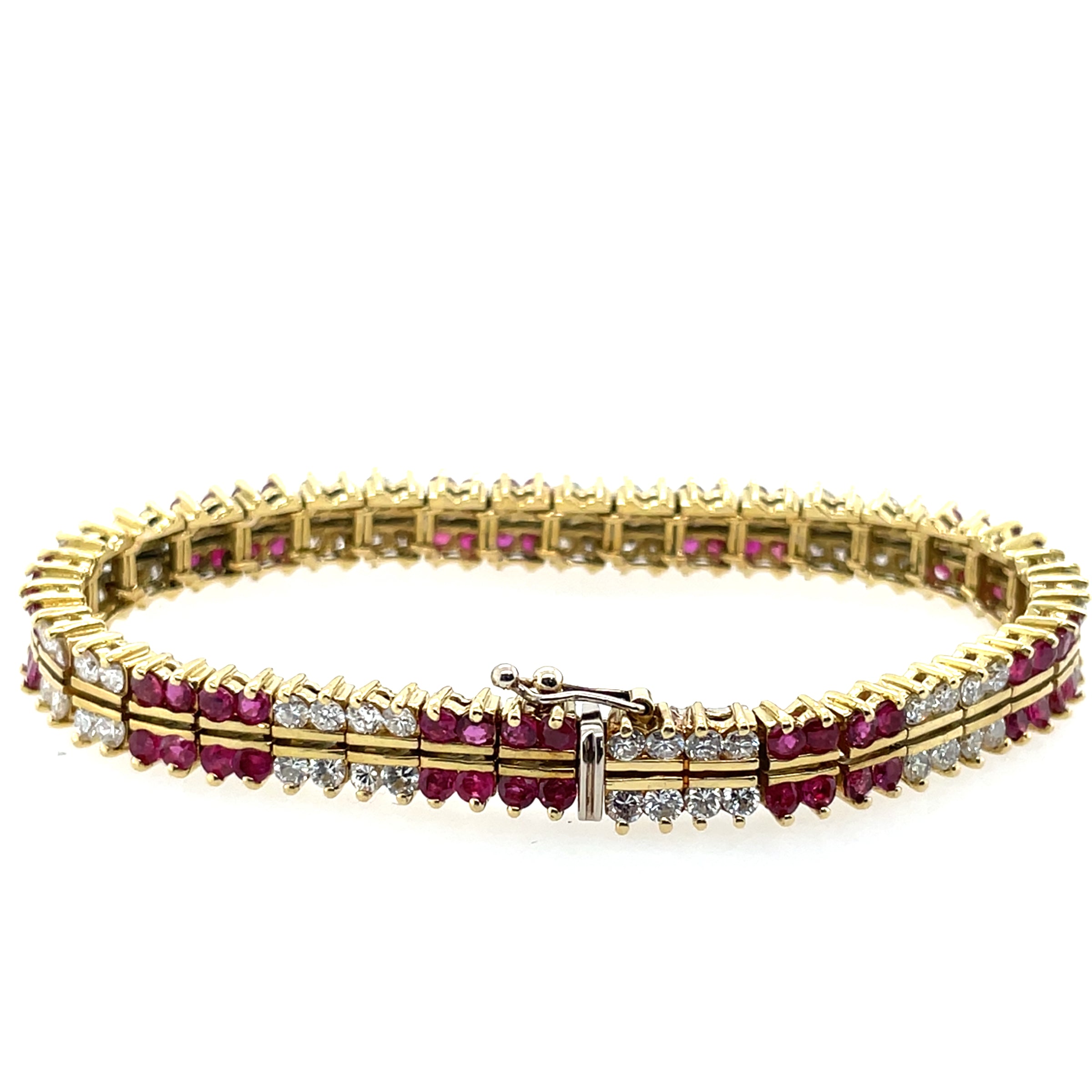 Ruby & Diamond Double Alternating Row Tennis Bracelet 18K Yellow Gold