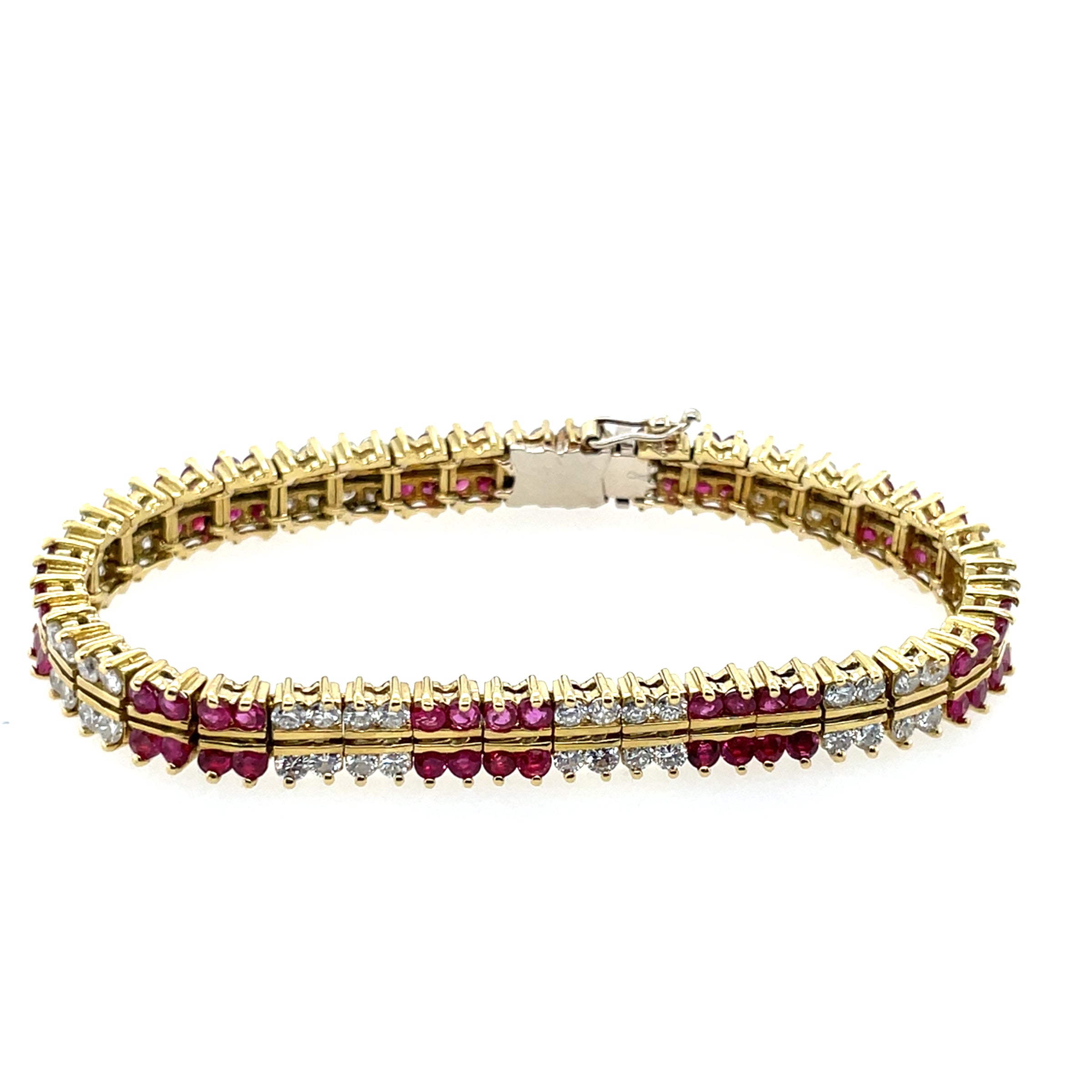 Ruby & Diamond Double Alternating Row Tennis Bracelet 18K Yellow Gold