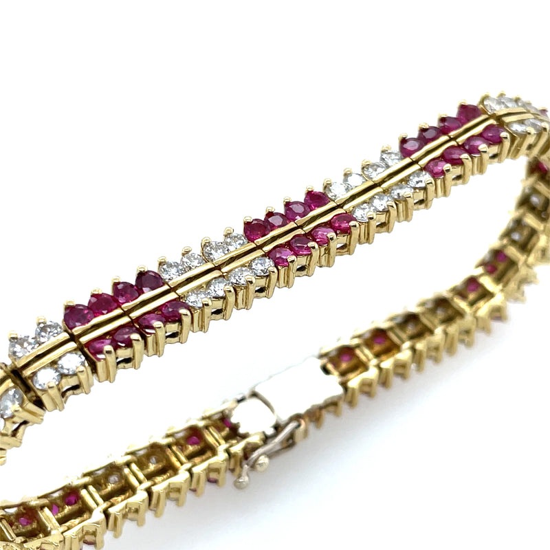 Ruby & Diamond Double Alternating Row Tennis Bracelet 18K Yellow Gold