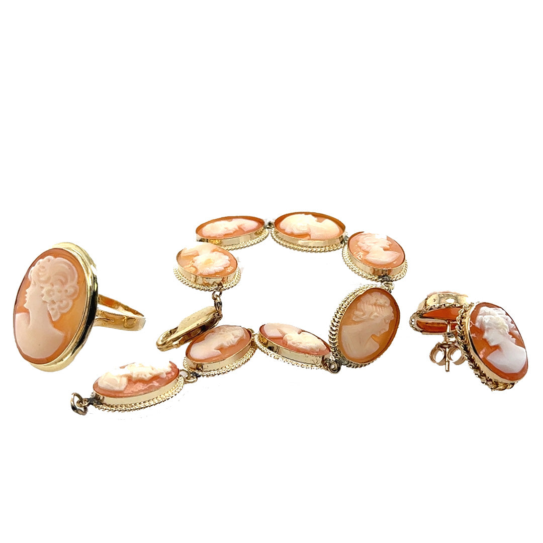 Pre-Owned 14K Yellow Gold Cameo Set: Bracelet, Earrrings, Ring