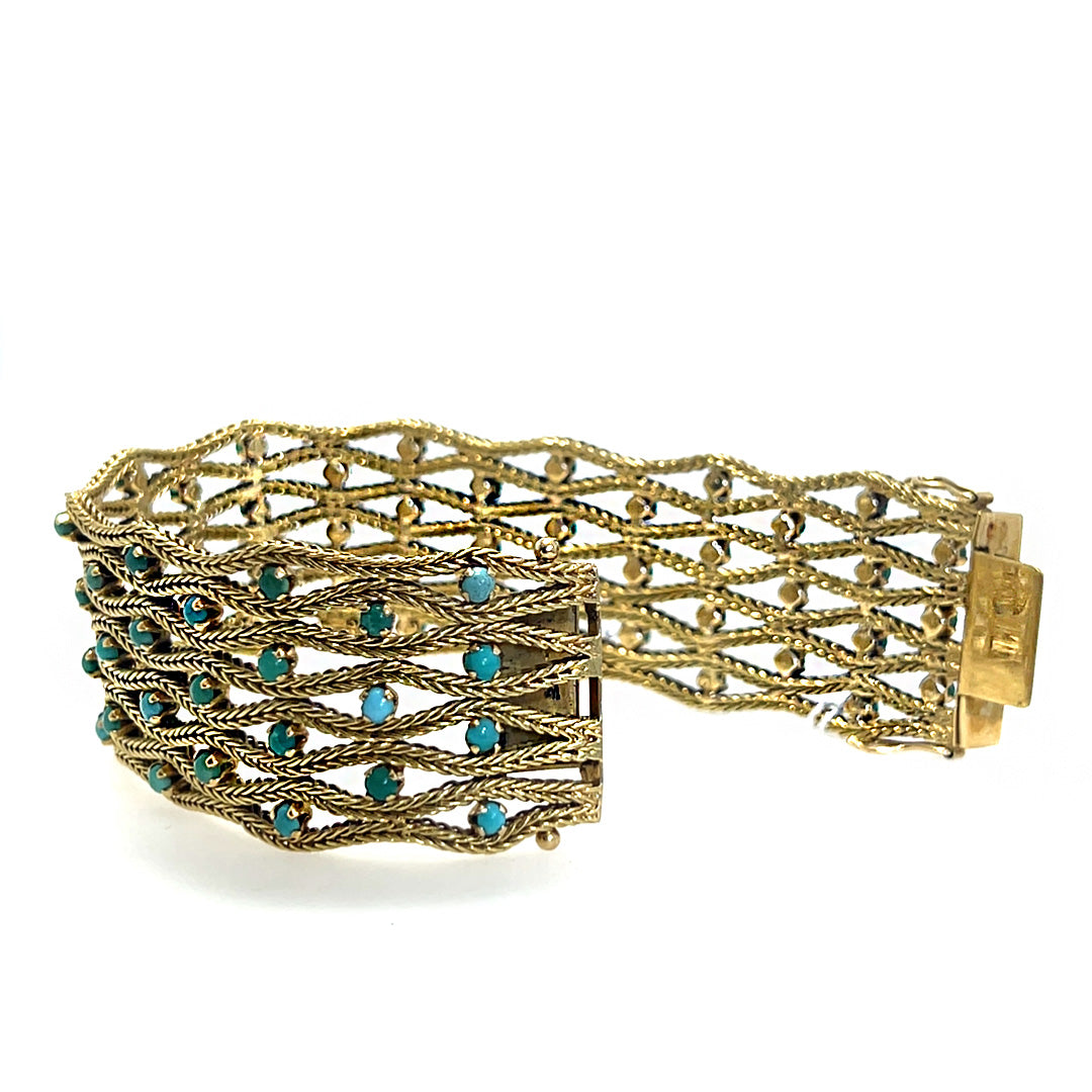 Pre-Owned 18K Yellow Gold Multi-Row Turquoise Crossover Bracelet