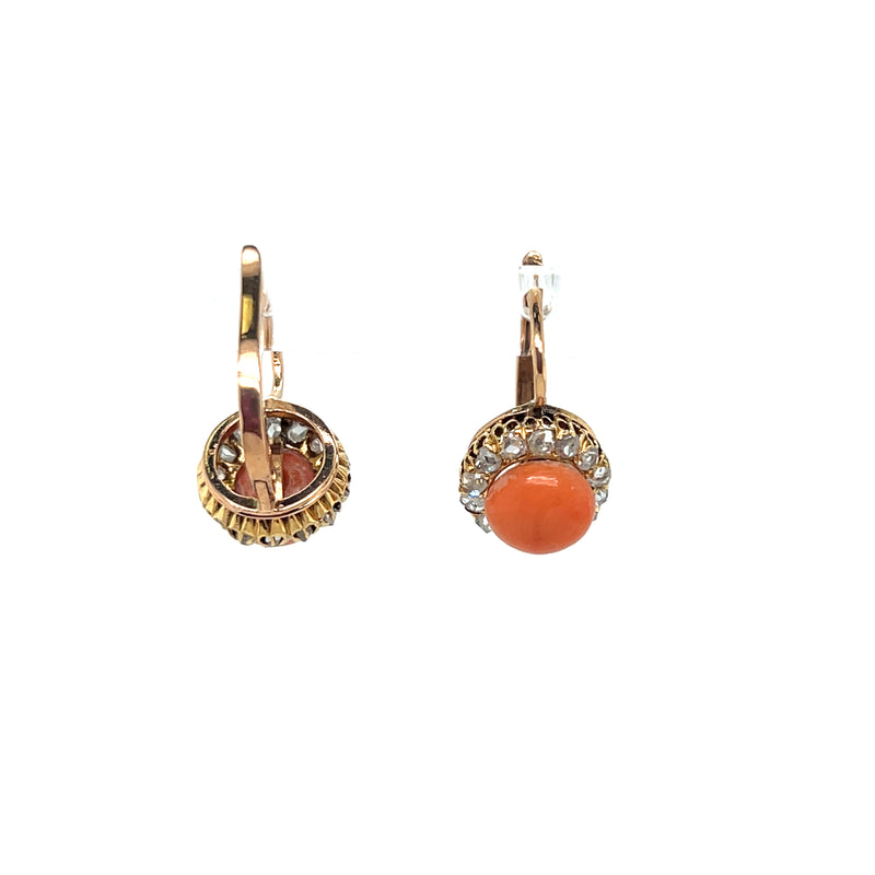 Pre-Owned 14K Yellow Gold Coral Diamond Earrings