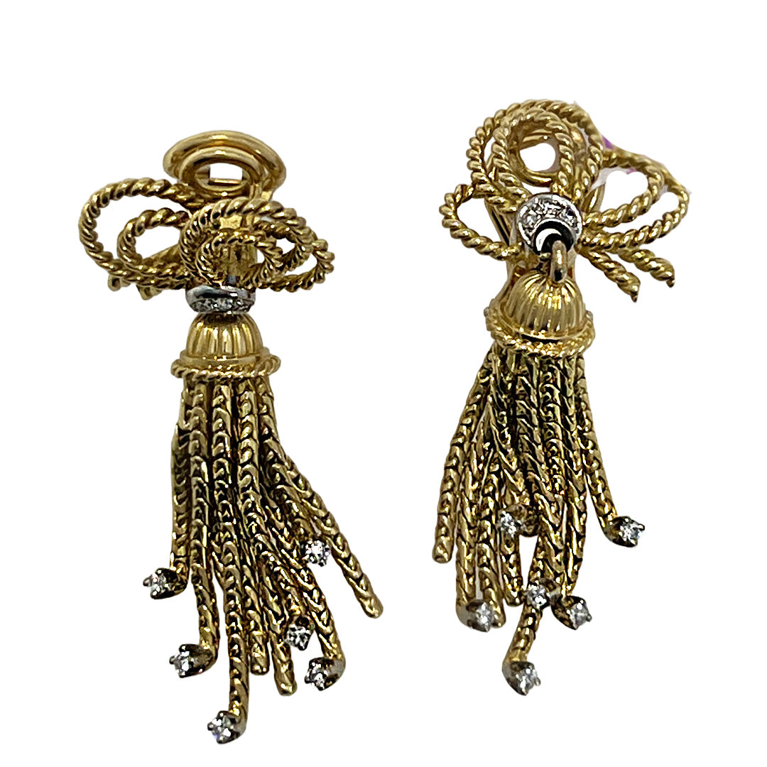 Pre-Owned 18K Yellow Gold Knot Tassel Diamond Earrings