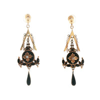 Pre-Owned 14K Yellow Gold Onyx and Pearl Dangle Earrings
