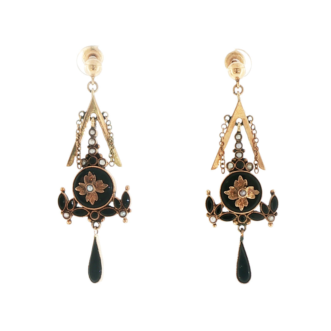 Pre-Owned 14K Yellow Gold Onyx and Pearl Dangle Earrings