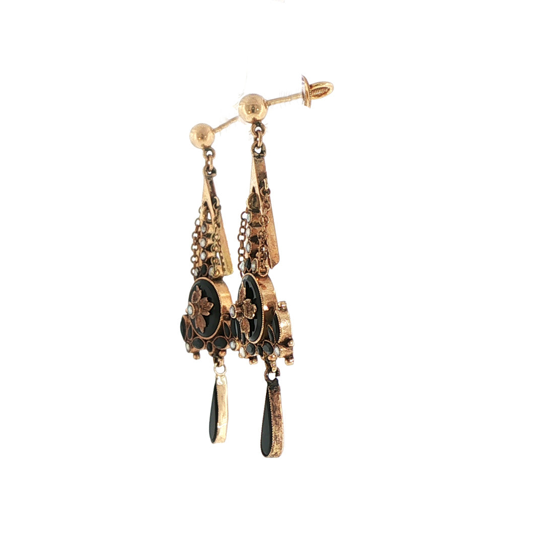 Pre-Owned 14K Yellow Gold Onyx and Pearl Dangle Earrings