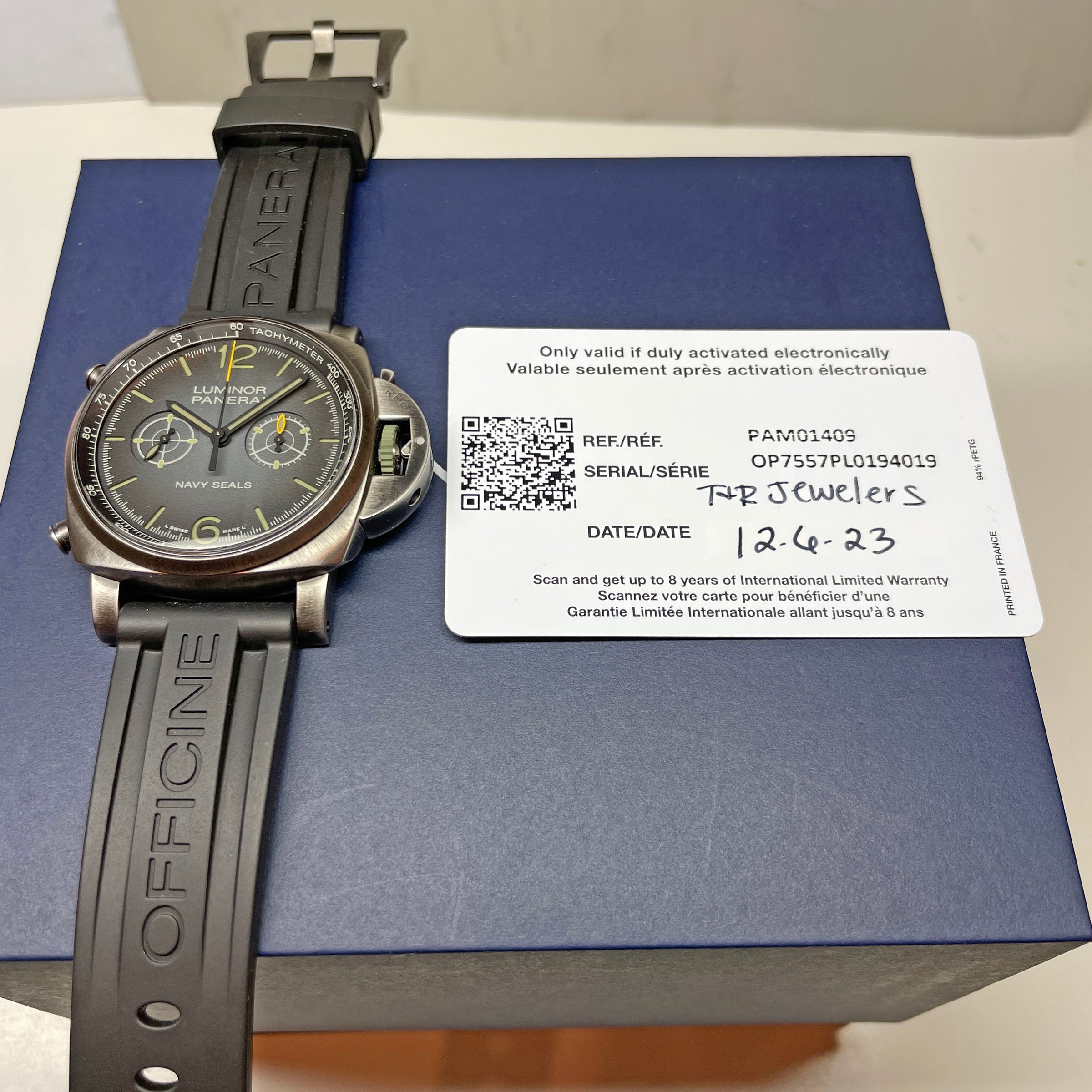 Pre-owned Panerai Luminor Chrono Navy SEALs PAM01409 Green Watch 44mm