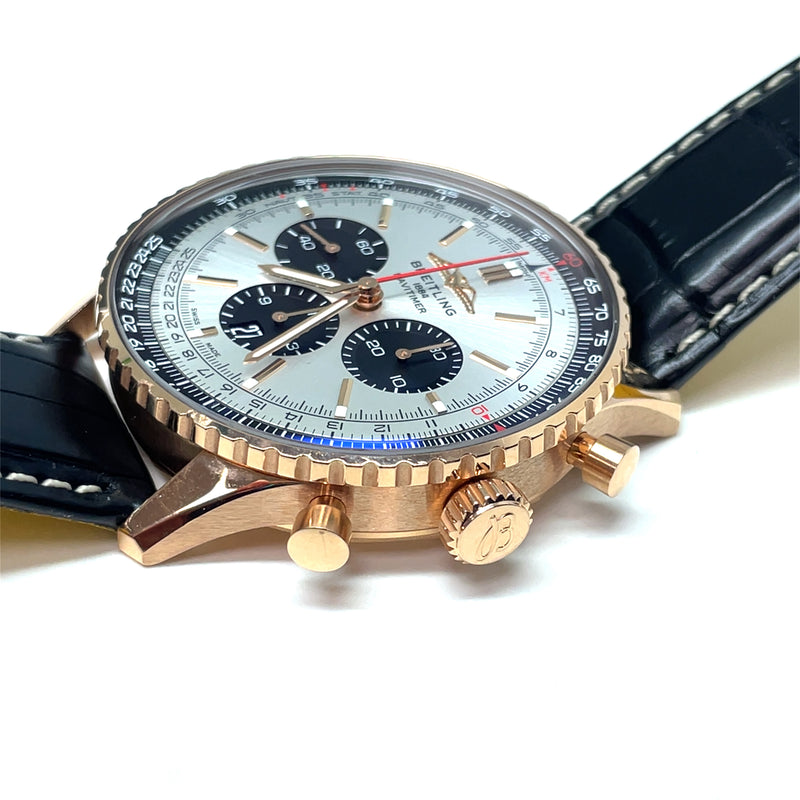 Pre-owned Breitling Rose Gold Silver Black Navitimer B01 Chronograph 46 Watch RB0137