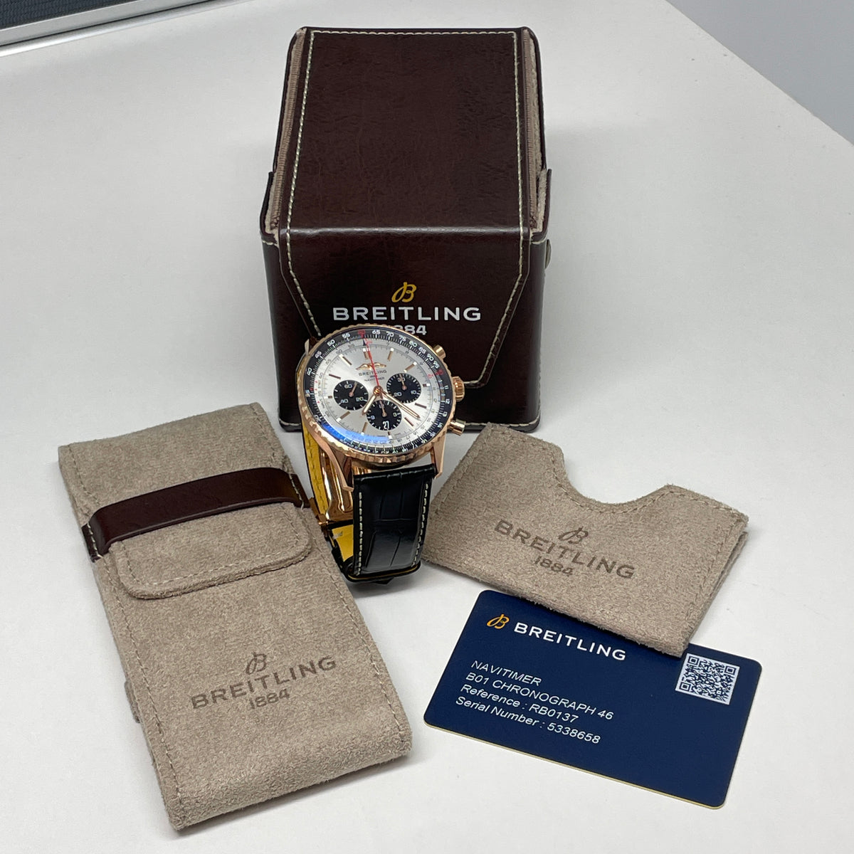 Pre-owned Breitling Rose Gold Silver Black Navitimer B01 Chronograph 46 Watch RB0137