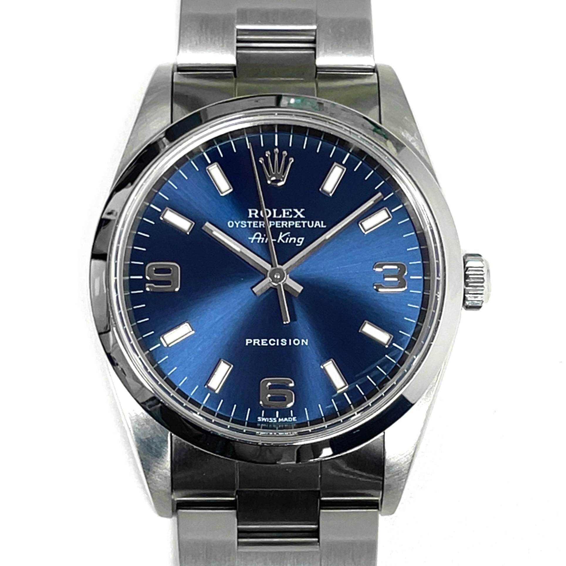 Pre-owned 2001 Rolex Air King 3,6,9 Blue Dial Stainless Steel Watch Ref.14000M 34.5mm