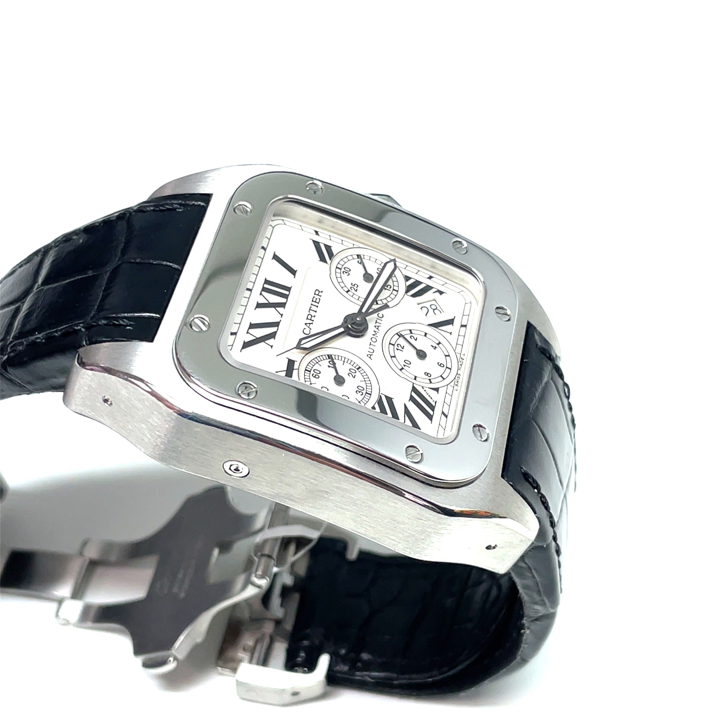 Pre-owned Cartier Santos 100-XL chronographW20090X8 Silver 42mm Watch