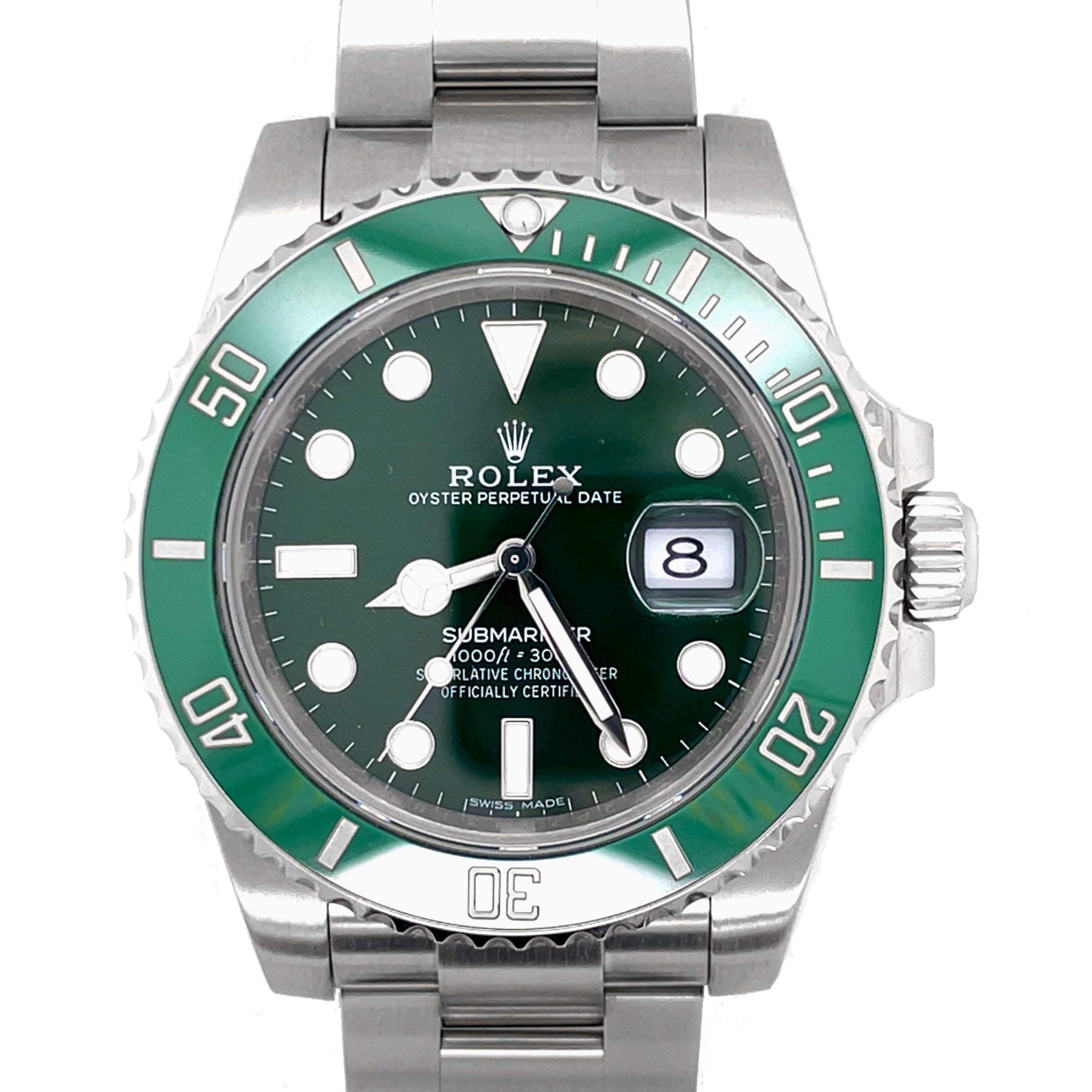 Pre-owned Rolex Submariner Green Dial Ceramic Bezel Hulk Oyster 40mm 116610LV