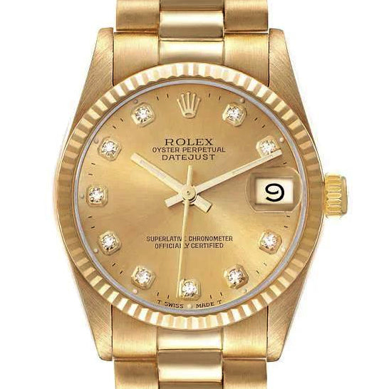 Pre-owned Rolex Gold DateJust 68278 Diamond Champagne Dial Ladies Watch 31mm 1993 - NAGI