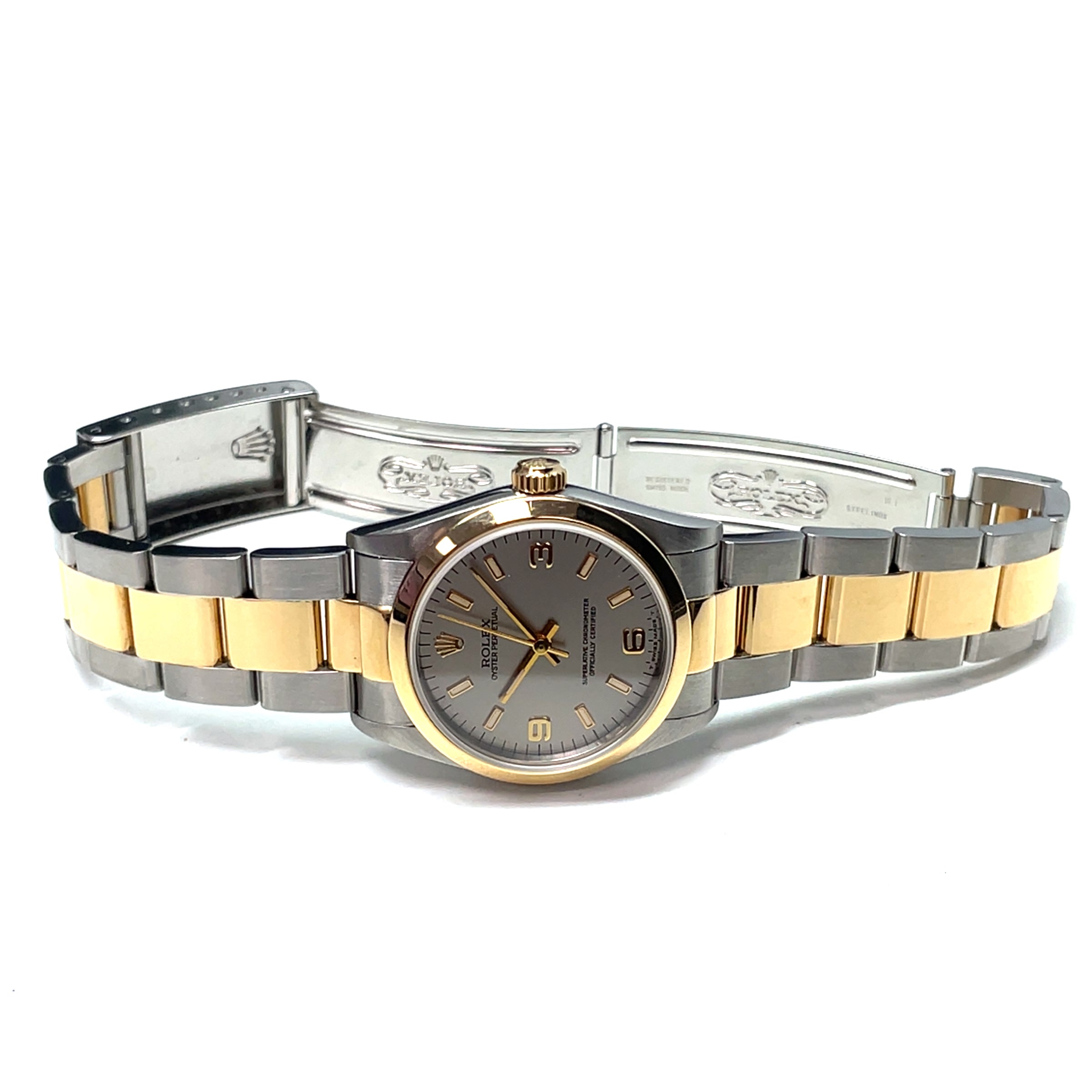Pre-owned Rolex Oyster Perpetual 67483 Grey Dial Oyster Bracelet Two-tone 18K 31mm 1995