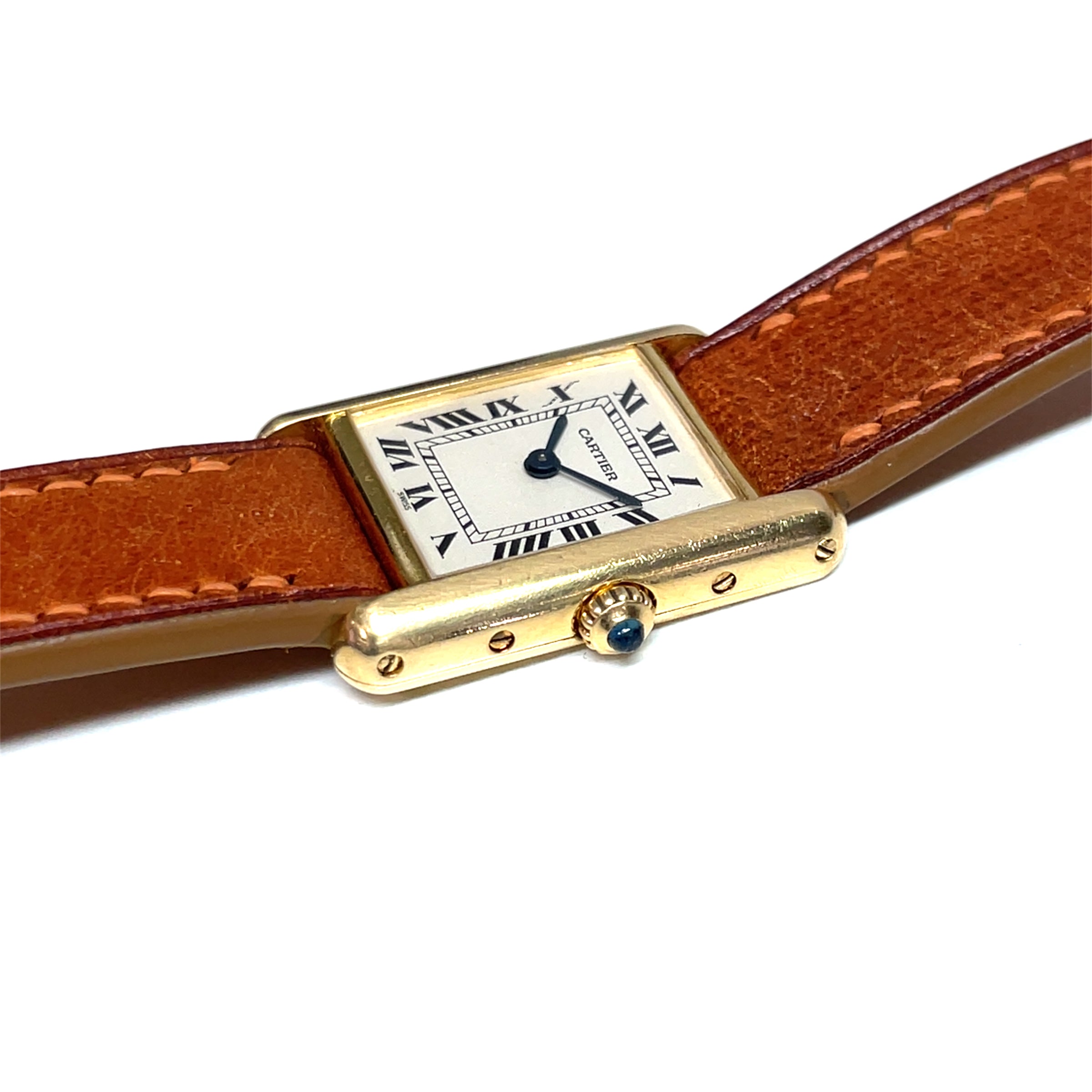 Pre-owned Cartier Ladies18K Yellow Gold Tank Watch Brown Leather 21mm
