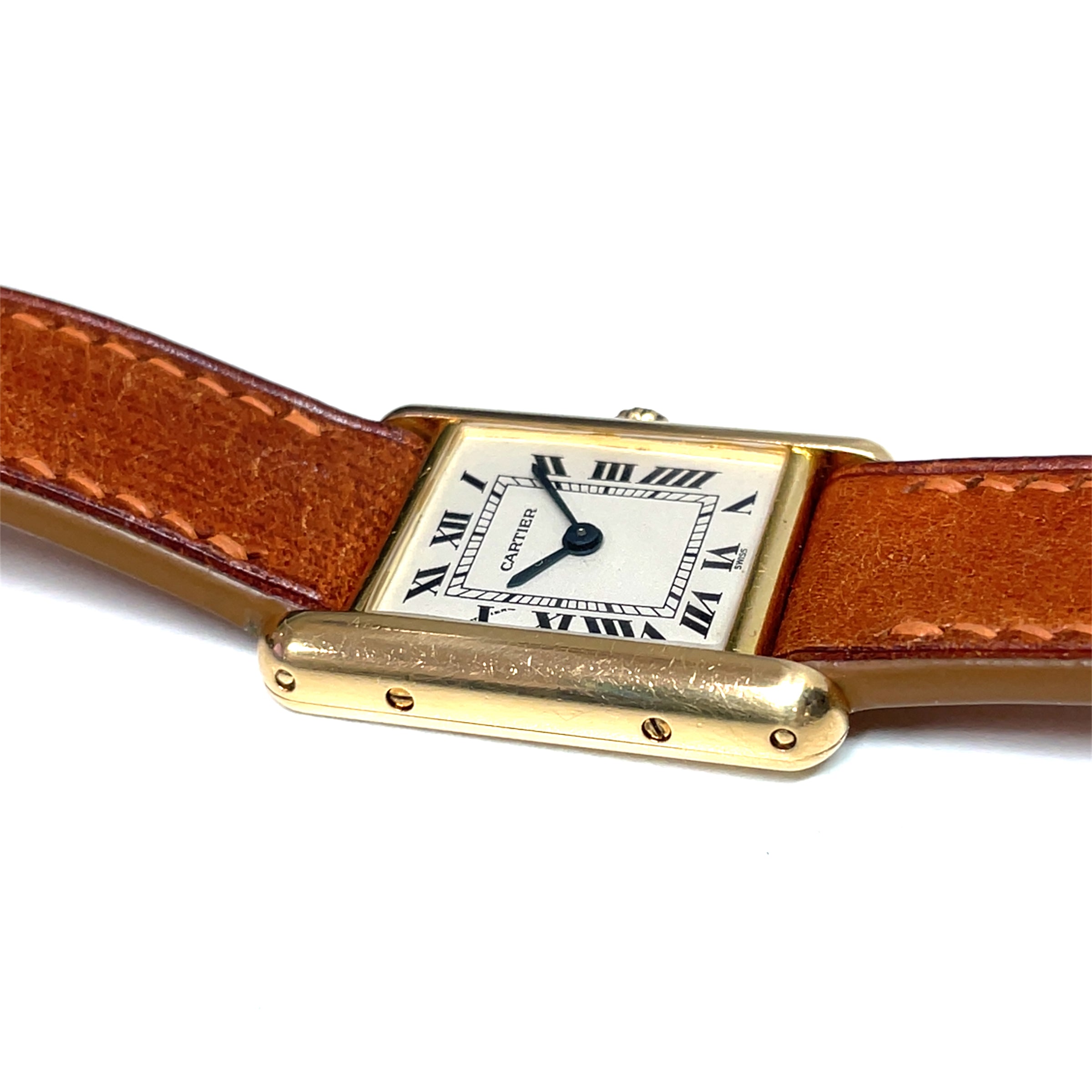 Pre-owned Cartier Ladies 18K Yellow Gold Tank Watch Brown Leather 21mm - NAGI