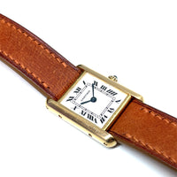 Pre-owned Cartier Ladies 18K Yellow Gold Tank Watch Brown Leather 21mm - NAGI