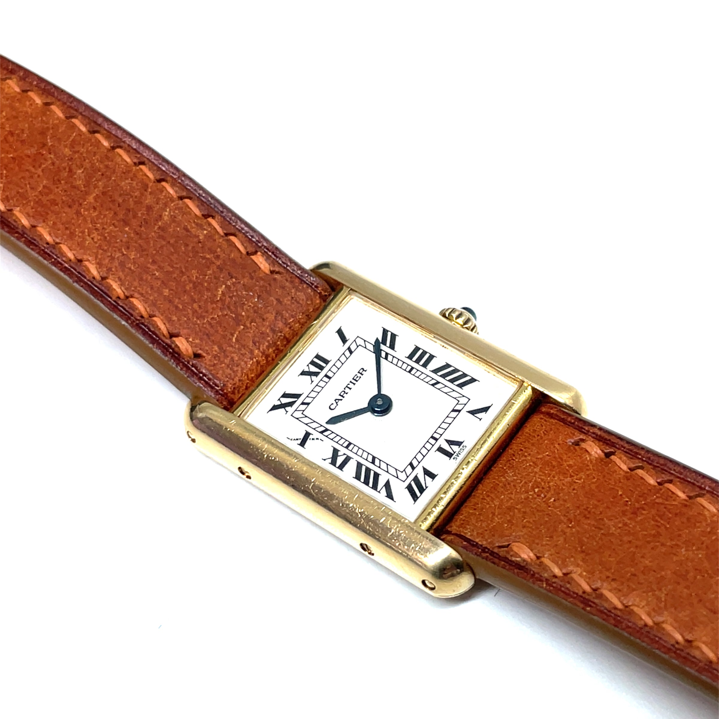 Pre-owned Cartier Ladies 18K Yellow Gold Tank Watch Brown Leather 21mm - NAGI