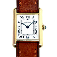Pre-owned Cartier Ladies18K Yellow Gold Tank Watch Brown Leather 21mm