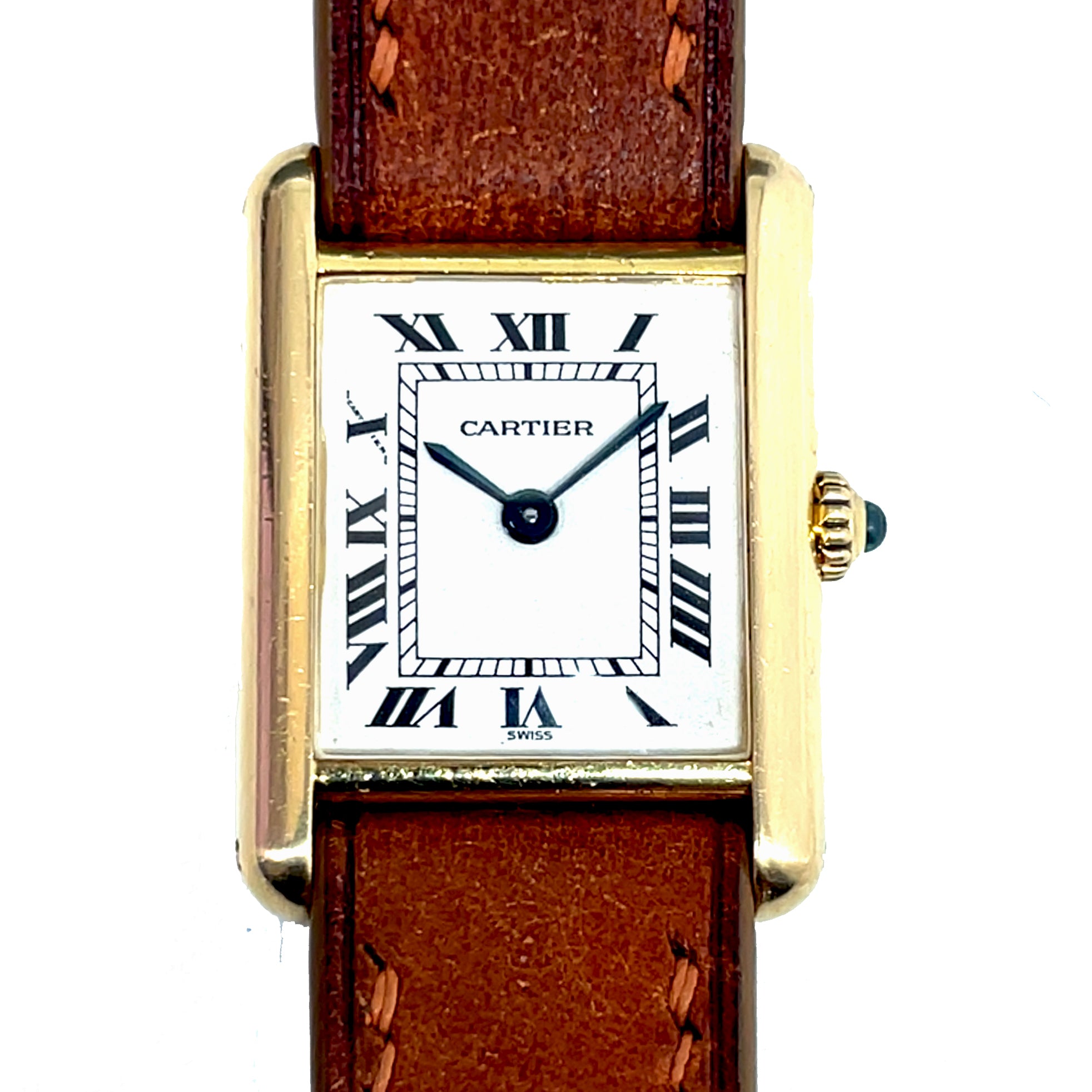 Pre-owned Cartier Ladies 18K Yellow Gold Tank Watch Brown Leather 21mm - NAGI