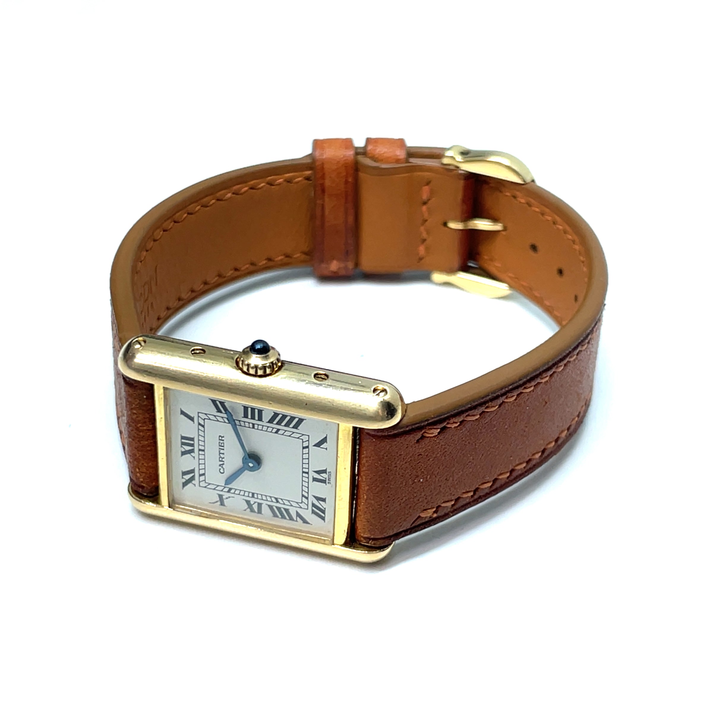 Pre-owned Cartier Ladies 18K Yellow Gold Tank Watch Brown Leather 21mm - NAGI