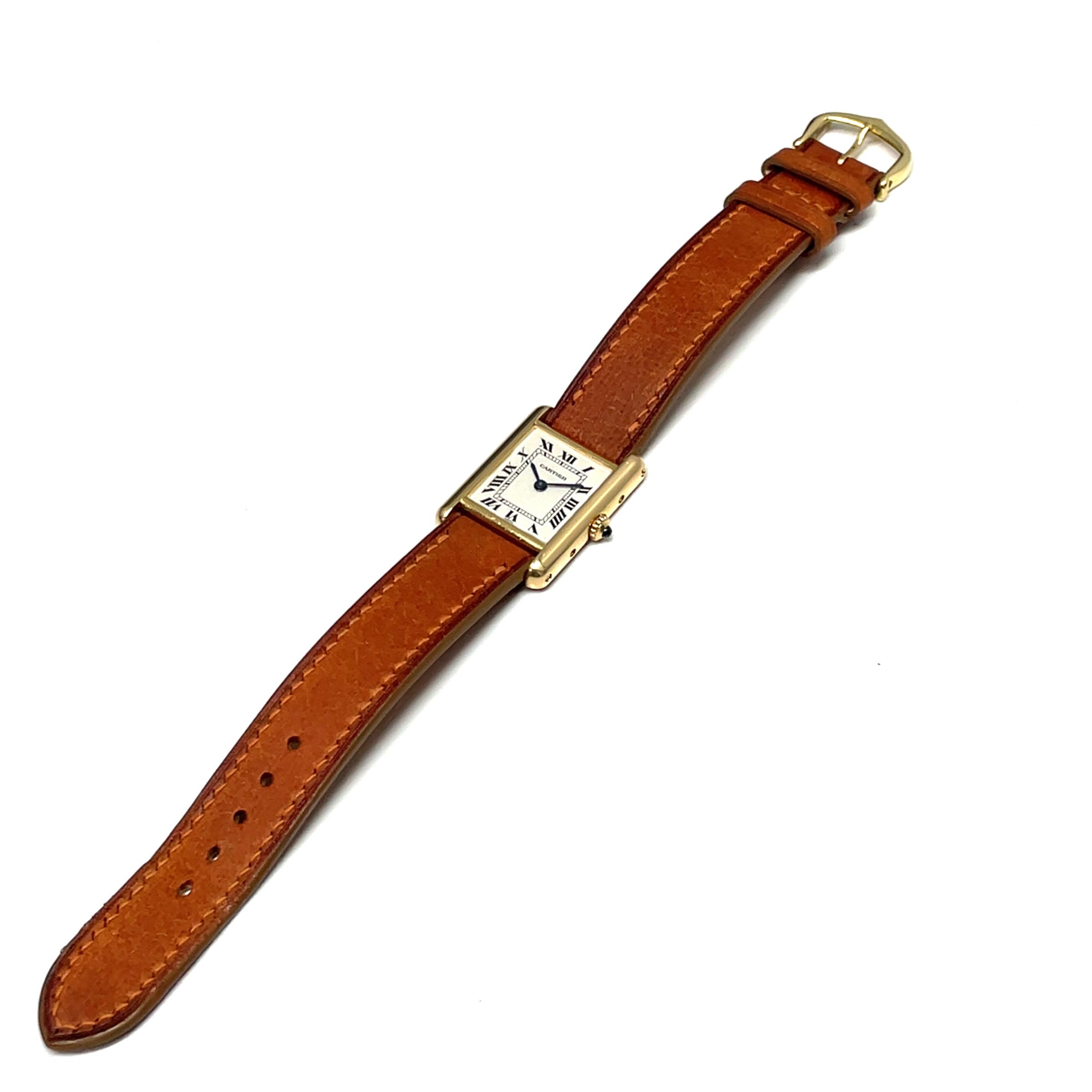 Pre-owned Cartier Ladies18K Yellow Gold Tank Watch Brown Leather 21mm