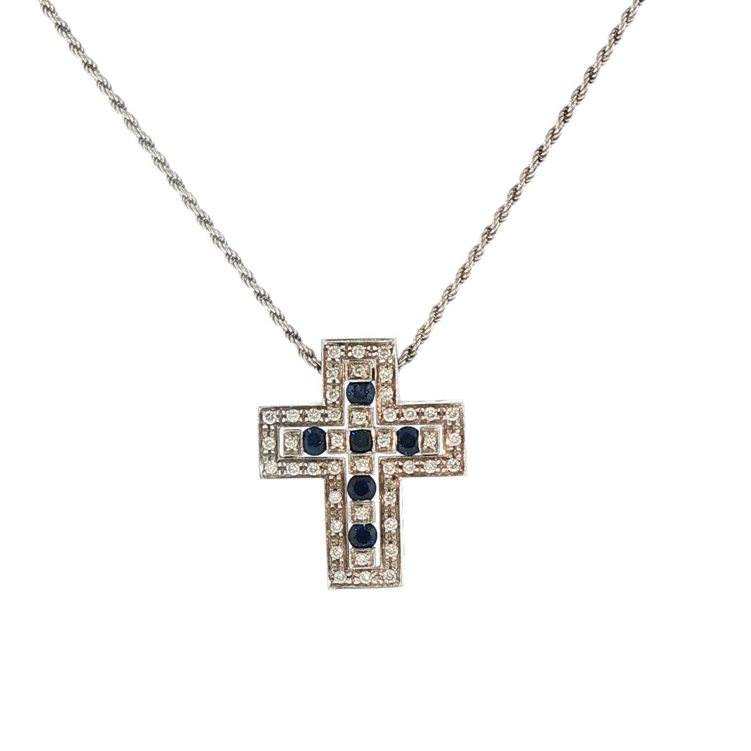 Pre-Owned Damiani 18K White Gold Sapphire and Diamond Cross Necklace
