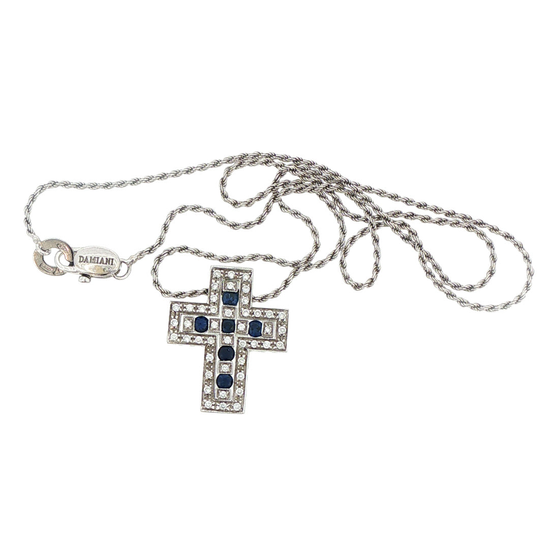 Pre-Owned Damiani 18K White Gold Sapphire and Diamond Cross Necklace