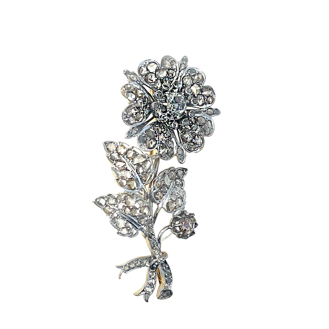 Pre-owned Two-Tone Old Mined Cut Diamond Floral Pin