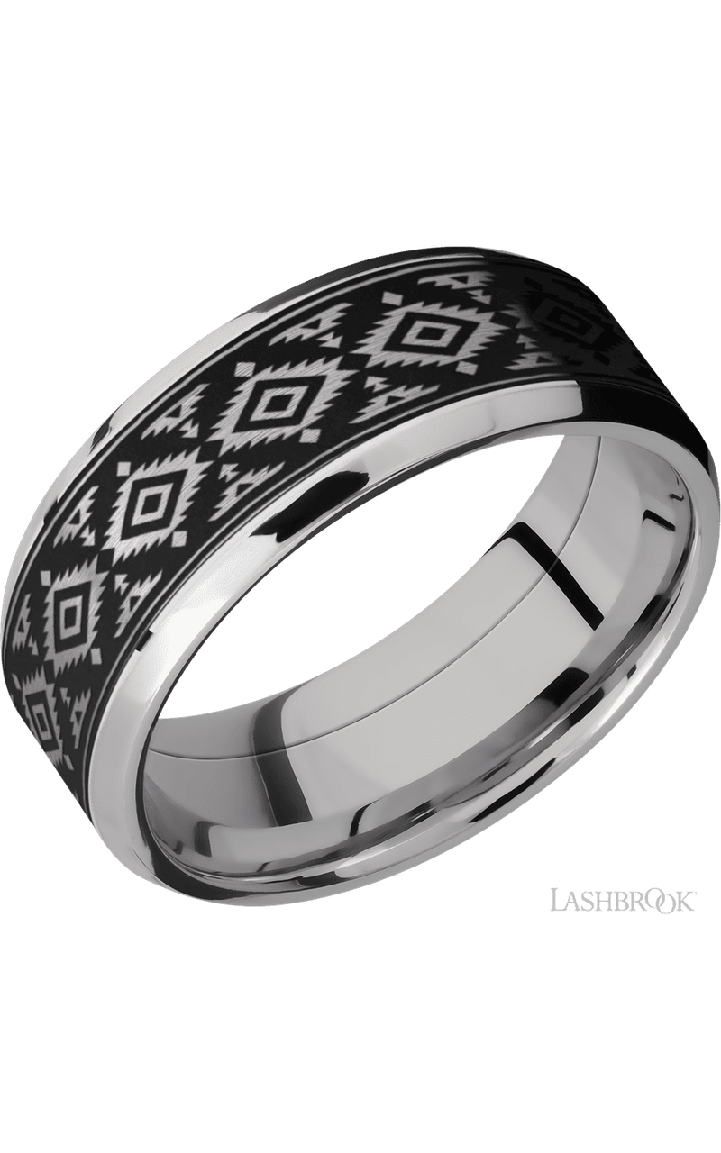 8 mm wide/Beveled/Cobalt Chrome band with one 6 mm Centered inlay of Tantalum with a laser carved Aztec 2 pattern img1