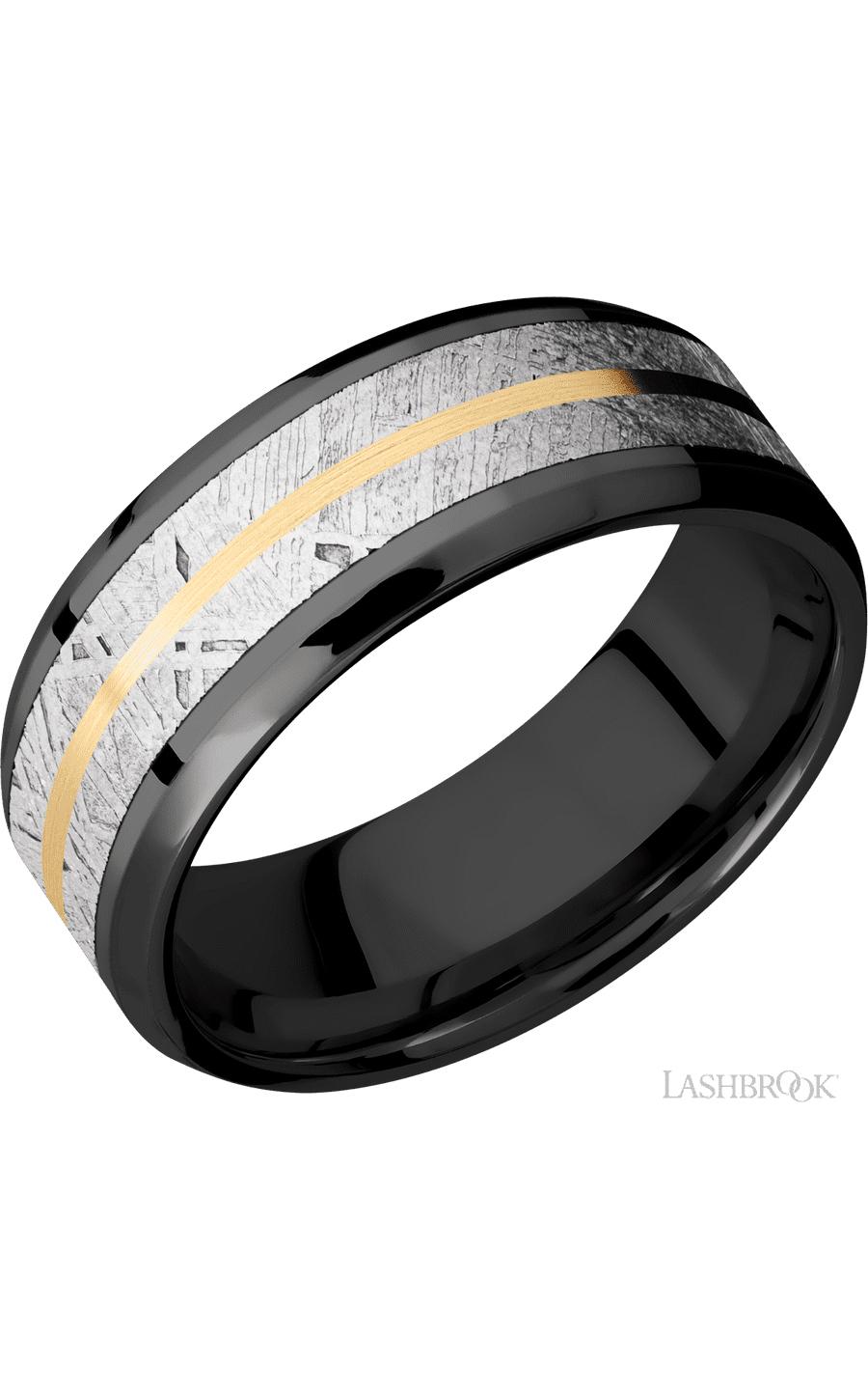 8 mm wide/Beveled/Zirconium band featuring inlays of Meteorite and 14K Yellow Gold img1