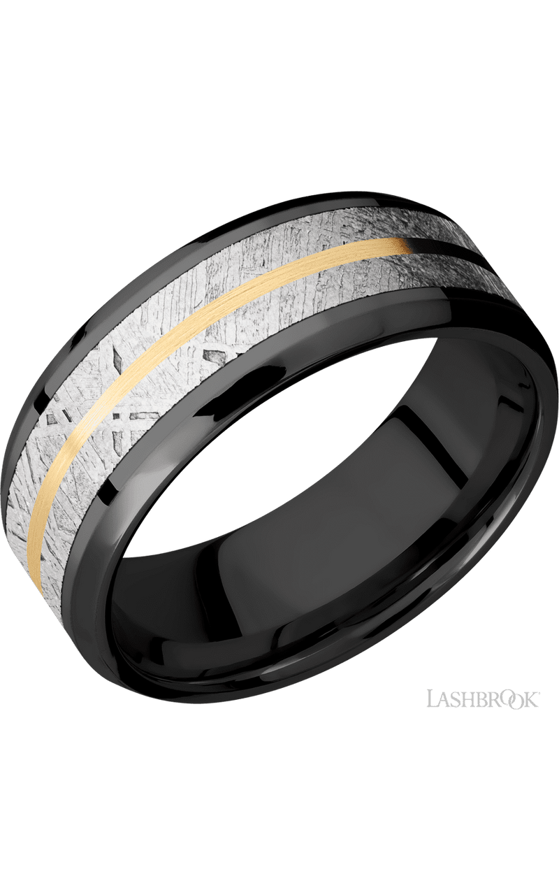 8 mm wide/Beveled/Zirconium band featuring inlays of Meteorite and 14K Yellow Gold img1