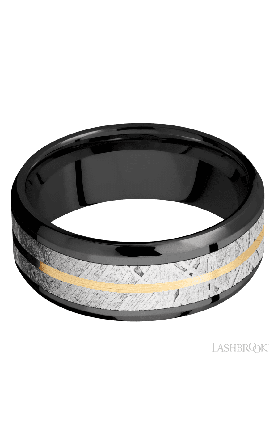8 mm wide/Beveled/Zirconium band featuring inlays of Meteorite and 14K Yellow Gold img3