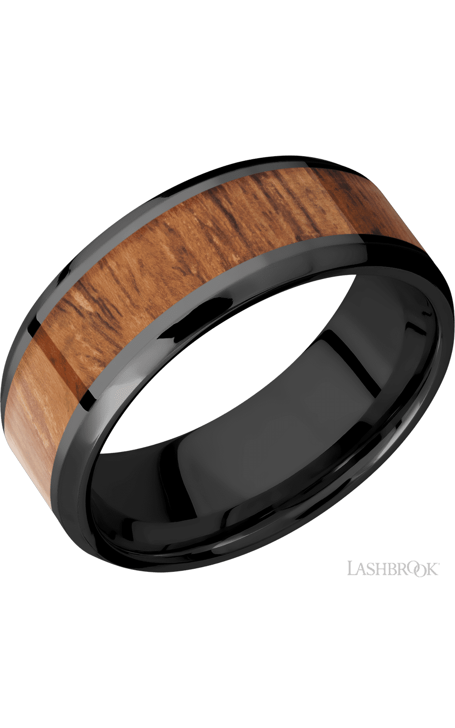 8 mm wide/Beveled/Zirconium band with one 5 mm Centered inlay of Desert Iron Wood img1