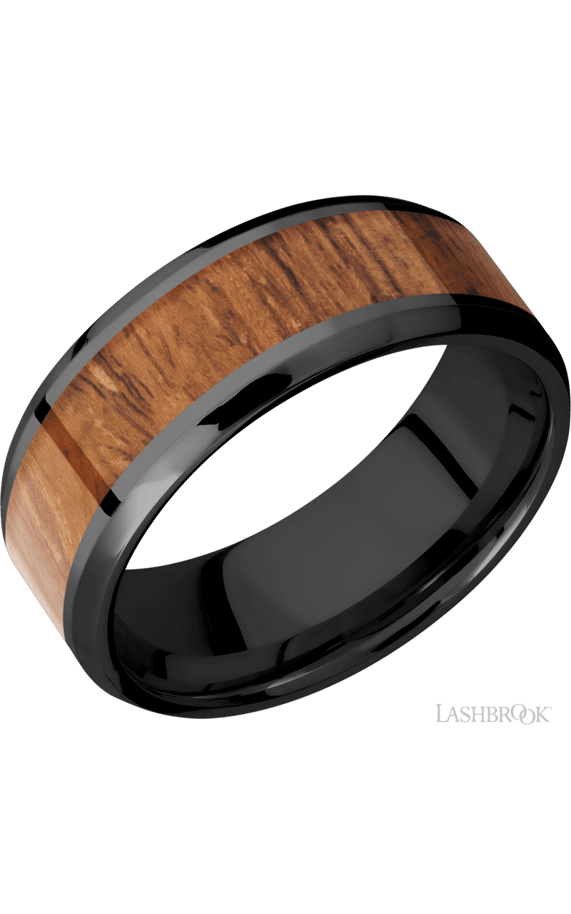 8 mm wide/Beveled/Zirconium band with one 5 mm Centered inlay of Desert Iron Wood img1