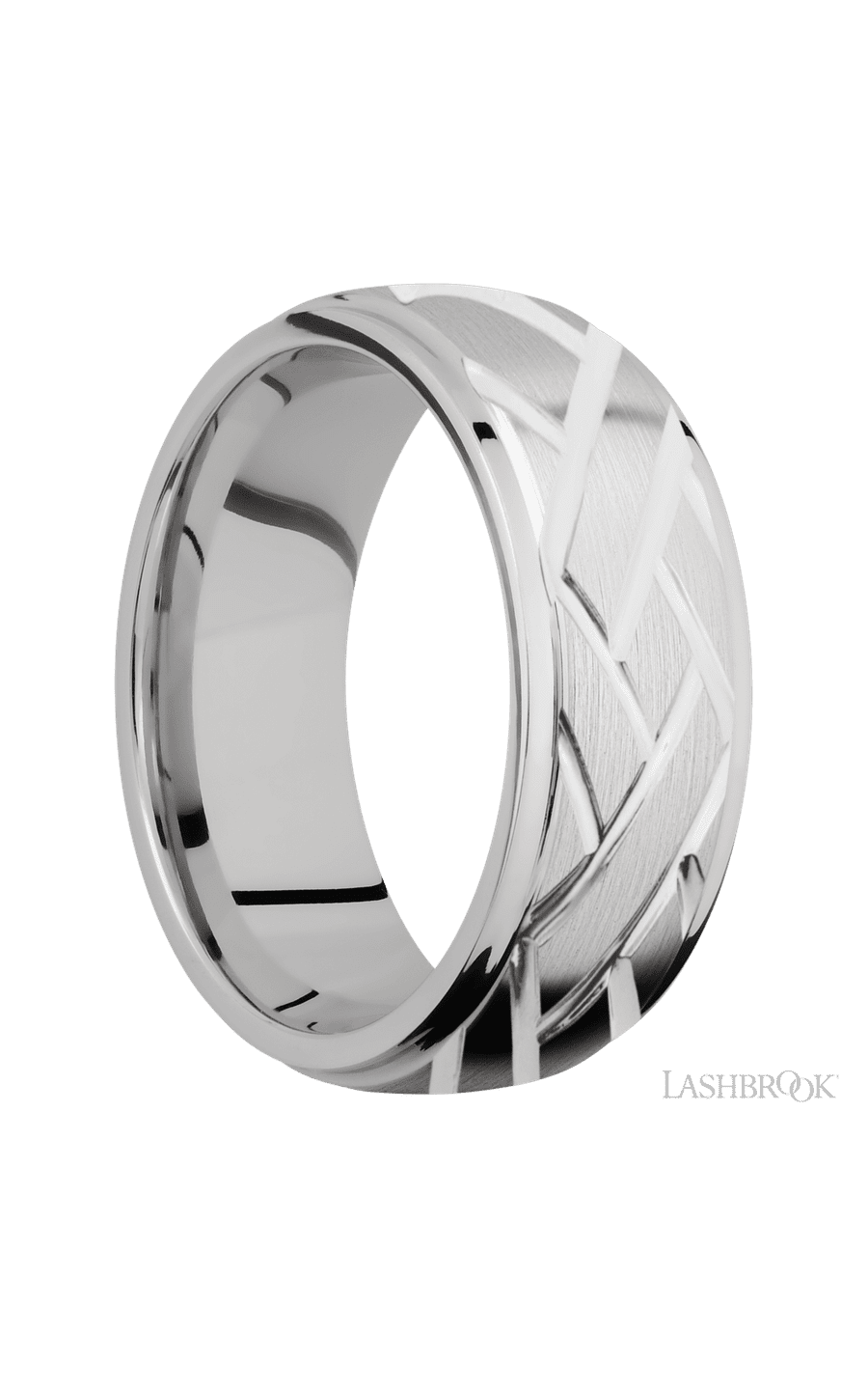 8 mm wide/Domed Stepped Down Edges/14K White Gold band with a machined Lattice pattern img2