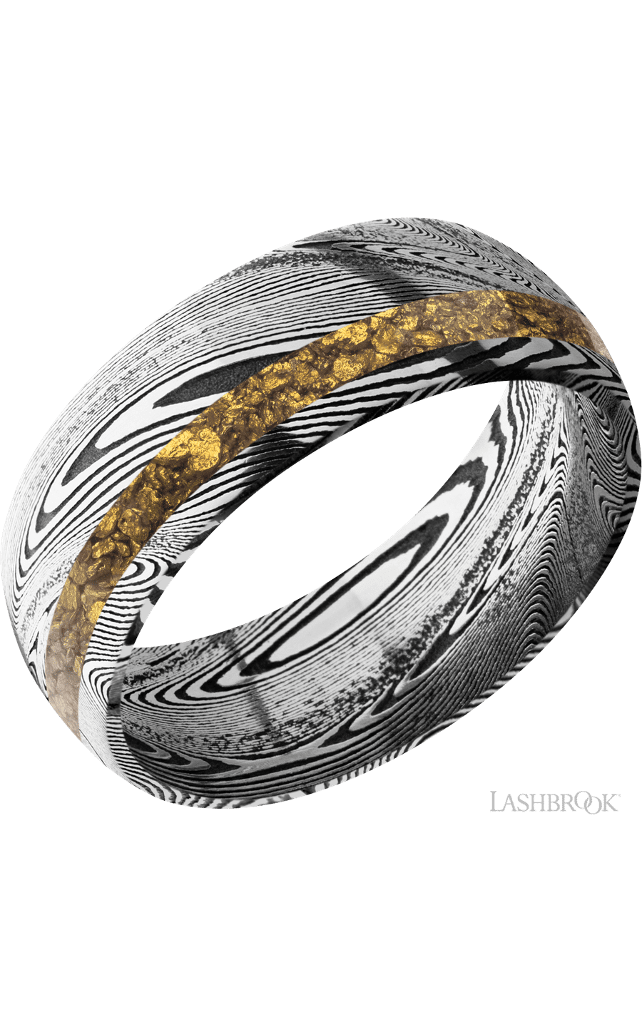 8 mm wide/Domed/Tightweave band with one 2 mm Off Center inlay of Alaskan Gold Nugget img1