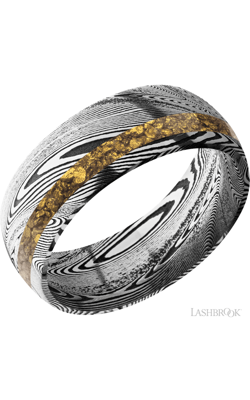 8 mm wide/Domed/Tightweave band with one 2 mm Off Center inlay of Alaskan Gold Nugget img1