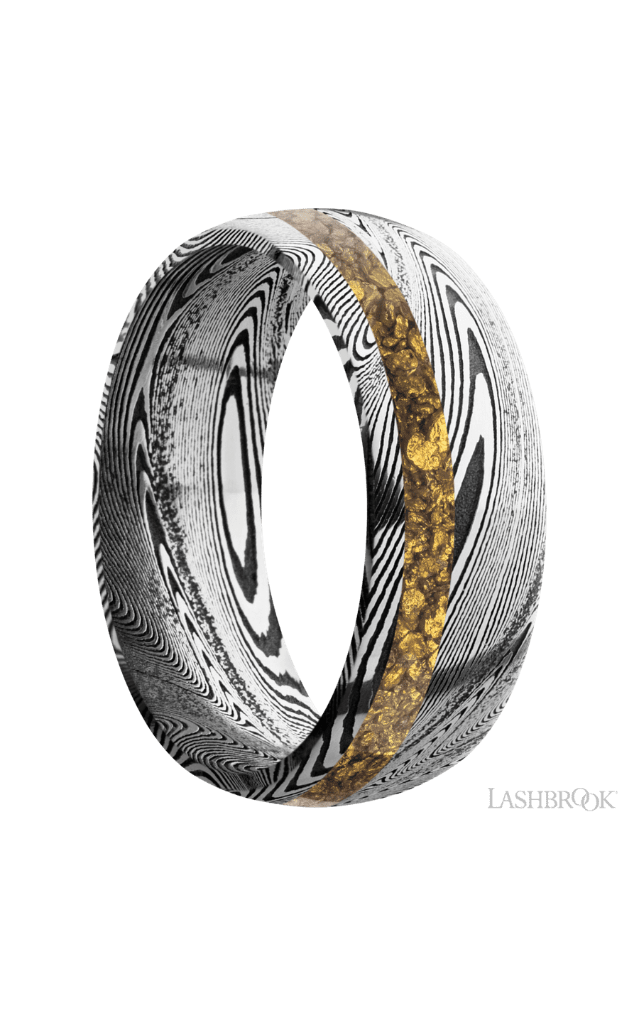 8 mm wide/Domed/Tightweave band with one 2 mm Off Center inlay of Alaskan Gold Nugget img2