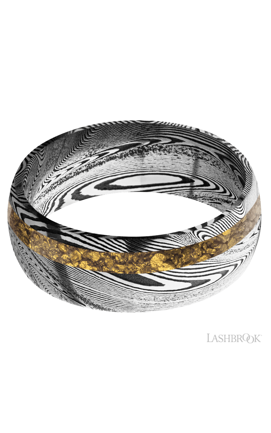8 mm wide/Domed/Tightweave band with one 2 mm Off Center inlay of Alaskan Gold Nugget img3