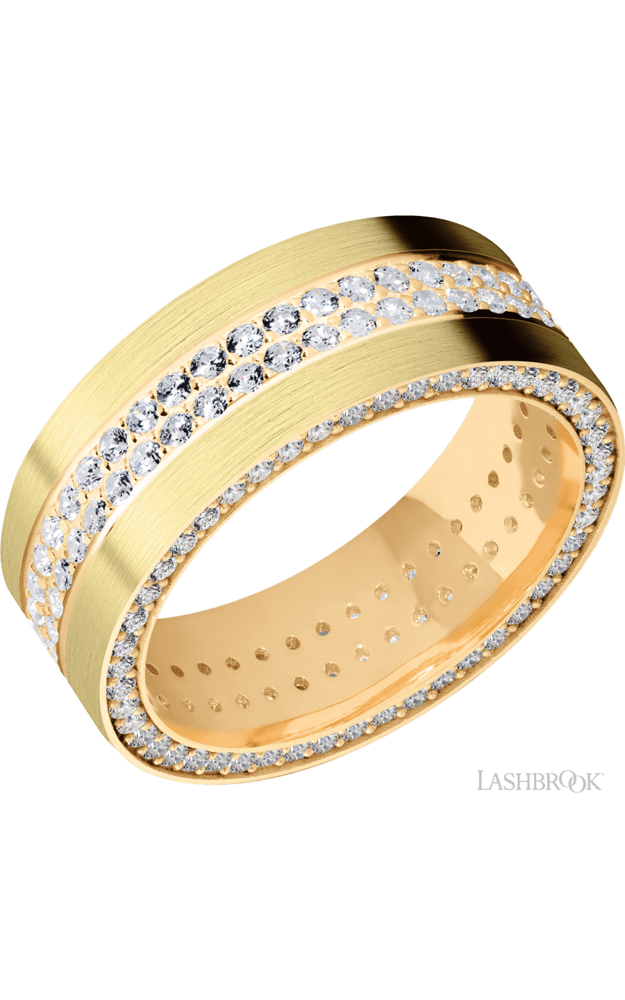 8 mm wide/Flat/14K Yellow Gold band with a Side Eternity arrangement of .01 carat Round Diamond stones in a Bead Channel setting img1