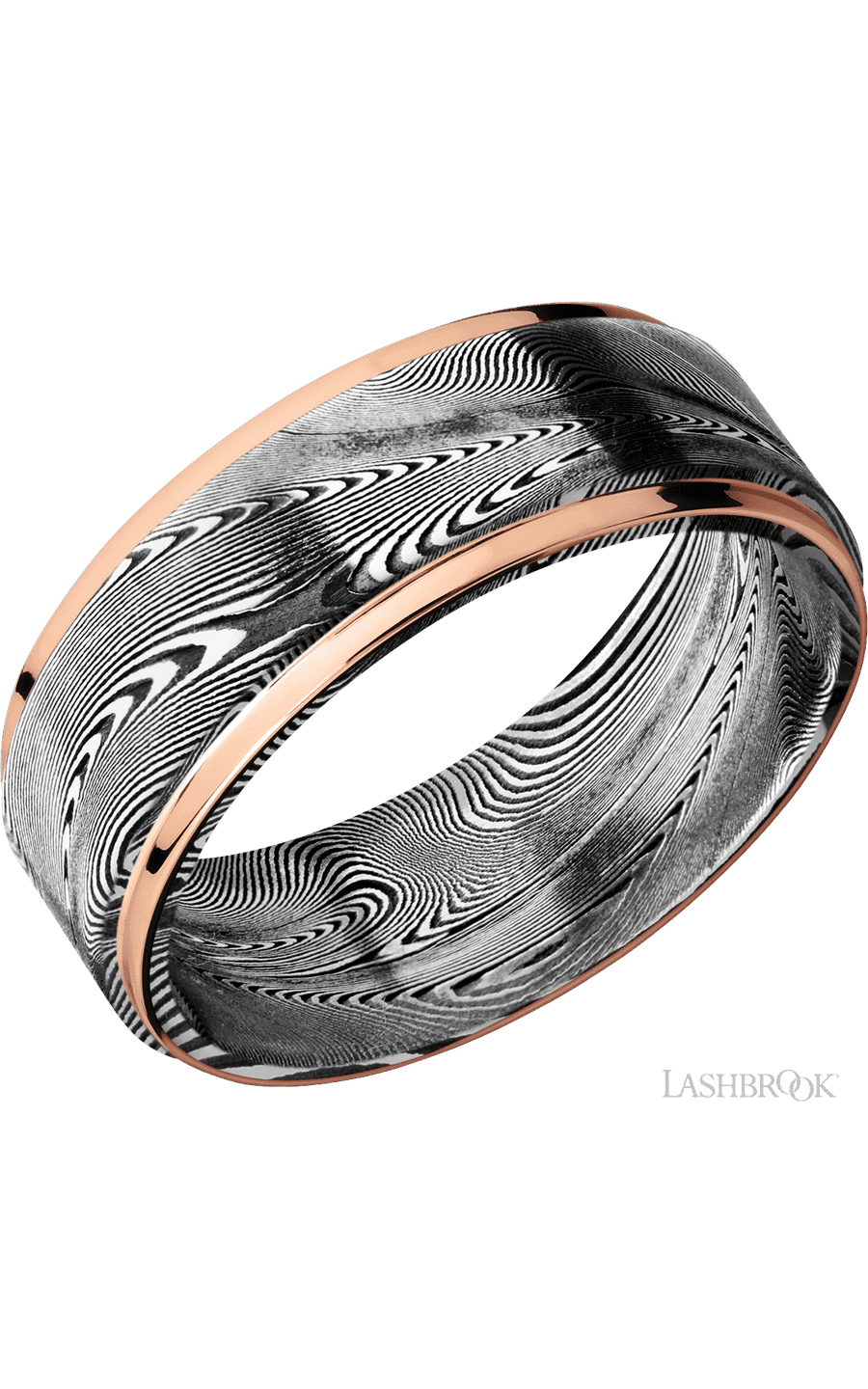 8 mm wide/Flat Grooved Edges/Tightweave band with two 1 mm Edge inlays of 14K Rose Gold img1