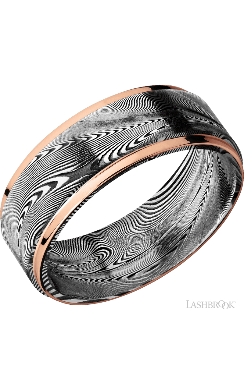 8 mm wide/Flat Grooved Edges/Tightweave band with two 1 mm Edge inlays of 14K Rose Gold img1