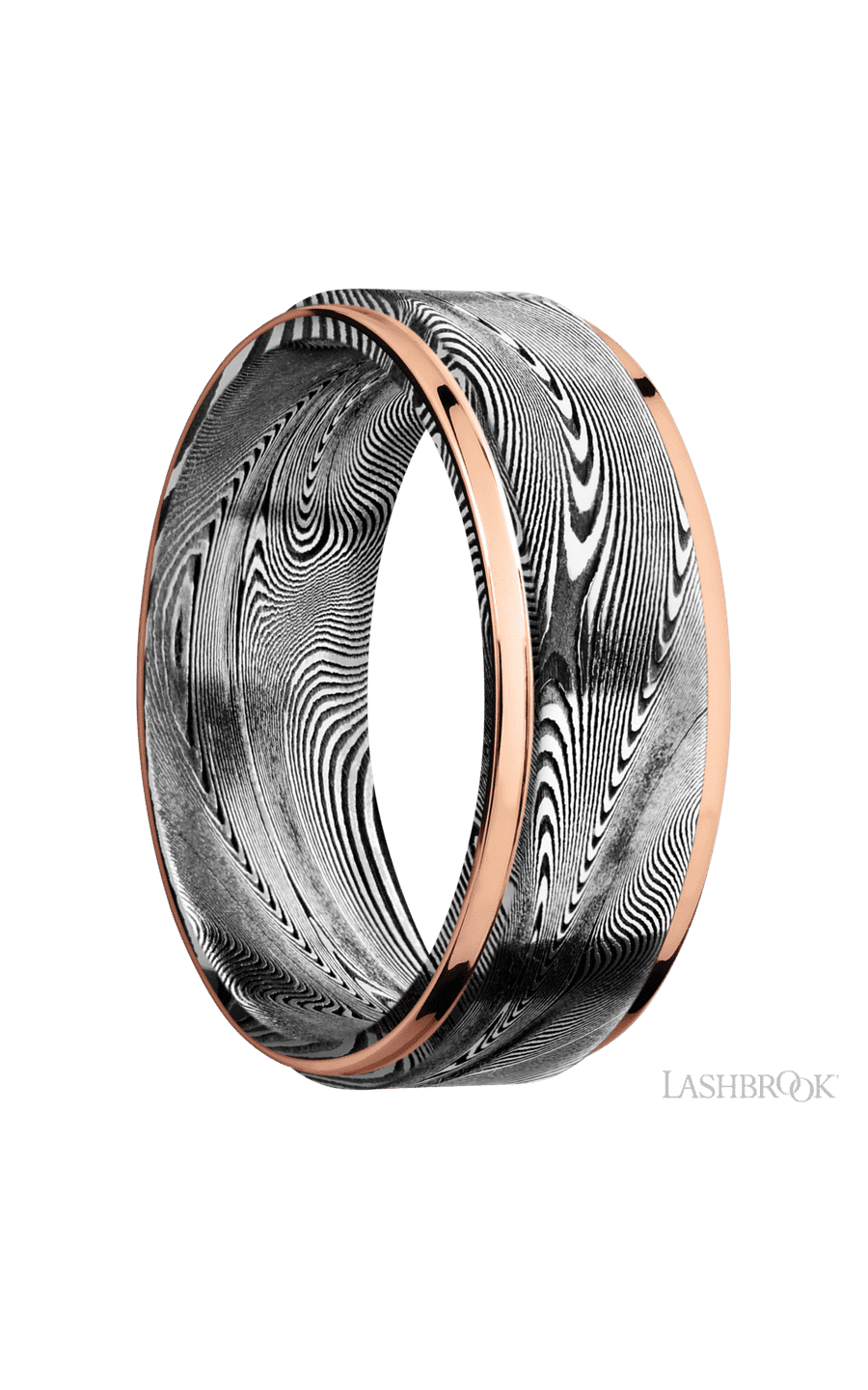8 mm wide/Flat Grooved Edges/Tightweave band with two 1 mm Edge inlays of 14K Rose Gold img2