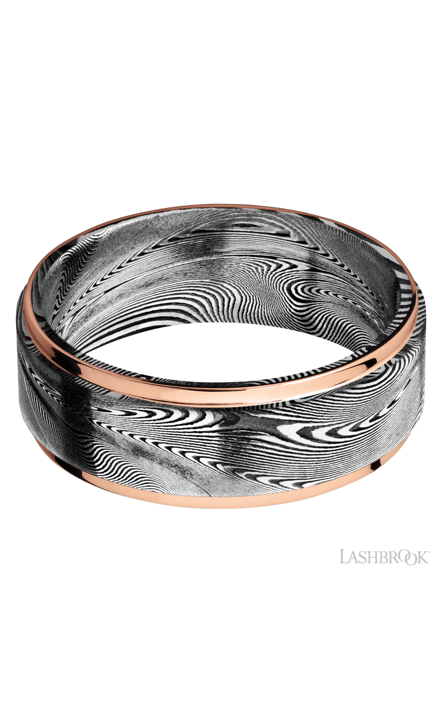 8 mm wide/Flat Grooved Edges/Tightweave band with two 1 mm Edge inlays of 14K Rose Gold img3
