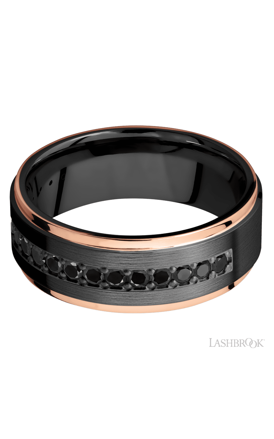8 mm wide/Flat Grooved Edges/Zirconium band with a Half Eternity arrangement of .03 carat Round Black Diamond stones img3