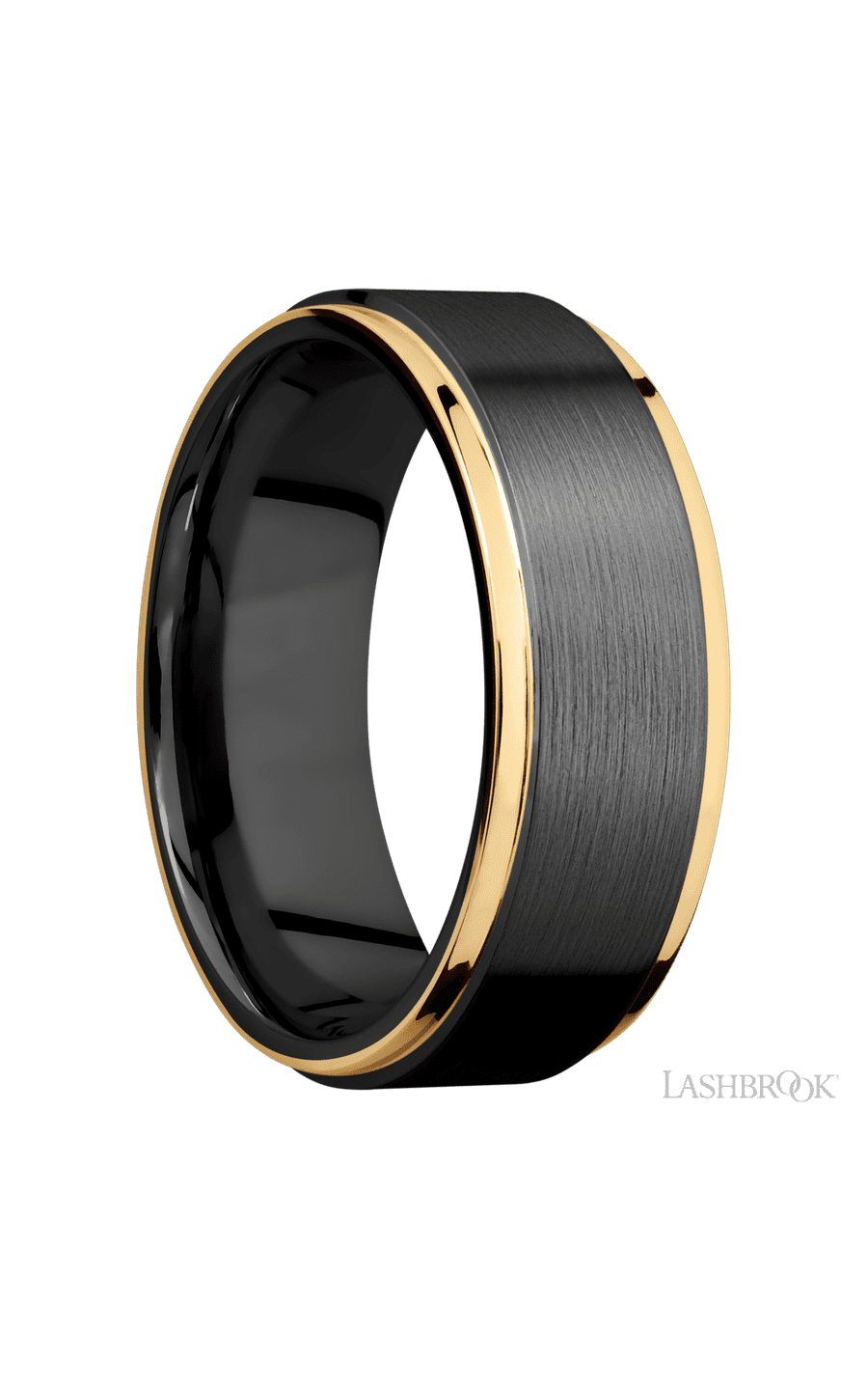 8 mm wide/Flat Grooved Edges/Zirconium band with two 1 mm Edge inlays of 14K Yellow Gold img2