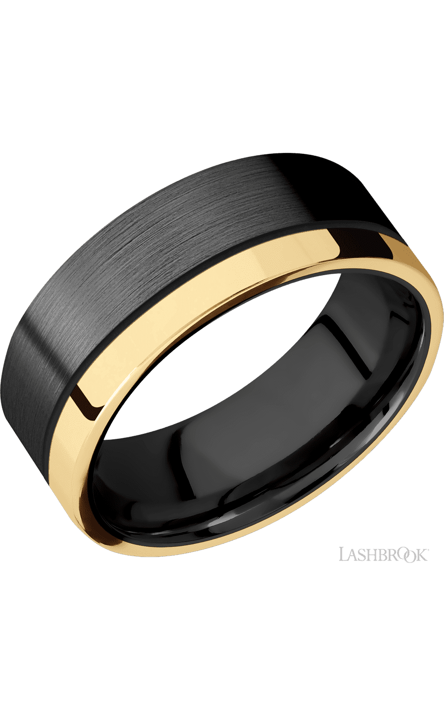 8 mm wide/Flat/Zirconium band with one 2 mm Off Center Edge inlay of 14K Yellow Gold img1